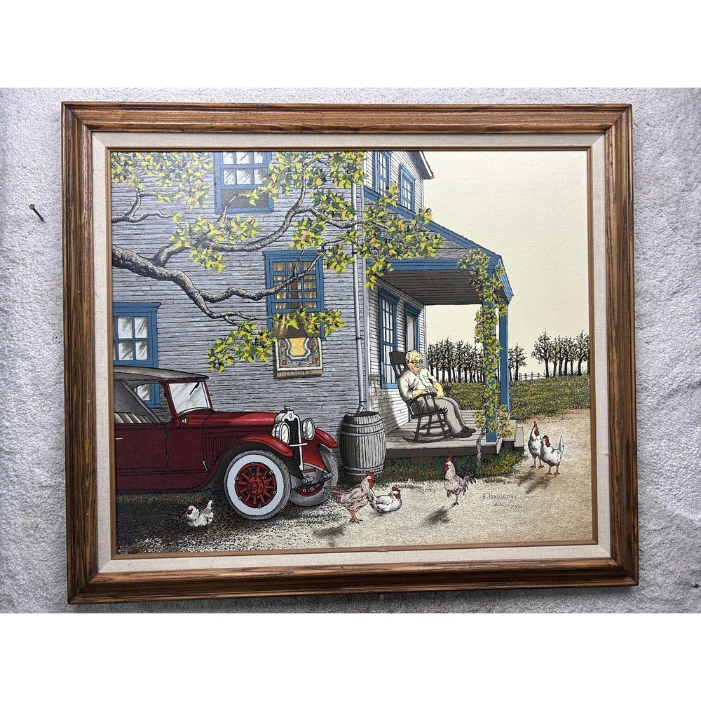 H Hargrove Signed 1985 Farmhouse Chickens Red Car Canvas Print 436/750 Framed